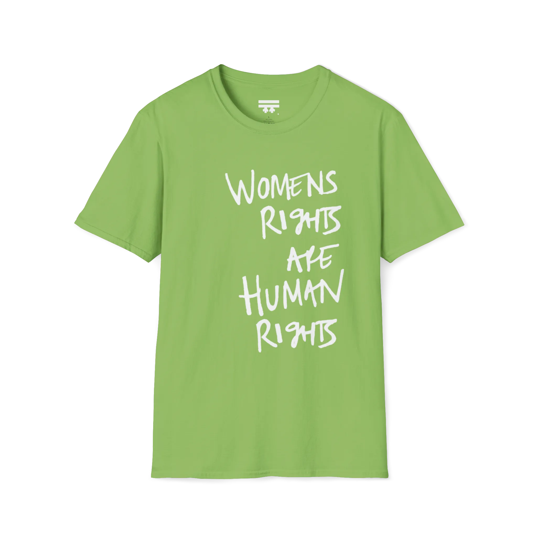 A front view of the lime women's rights are human rights t-shirt.