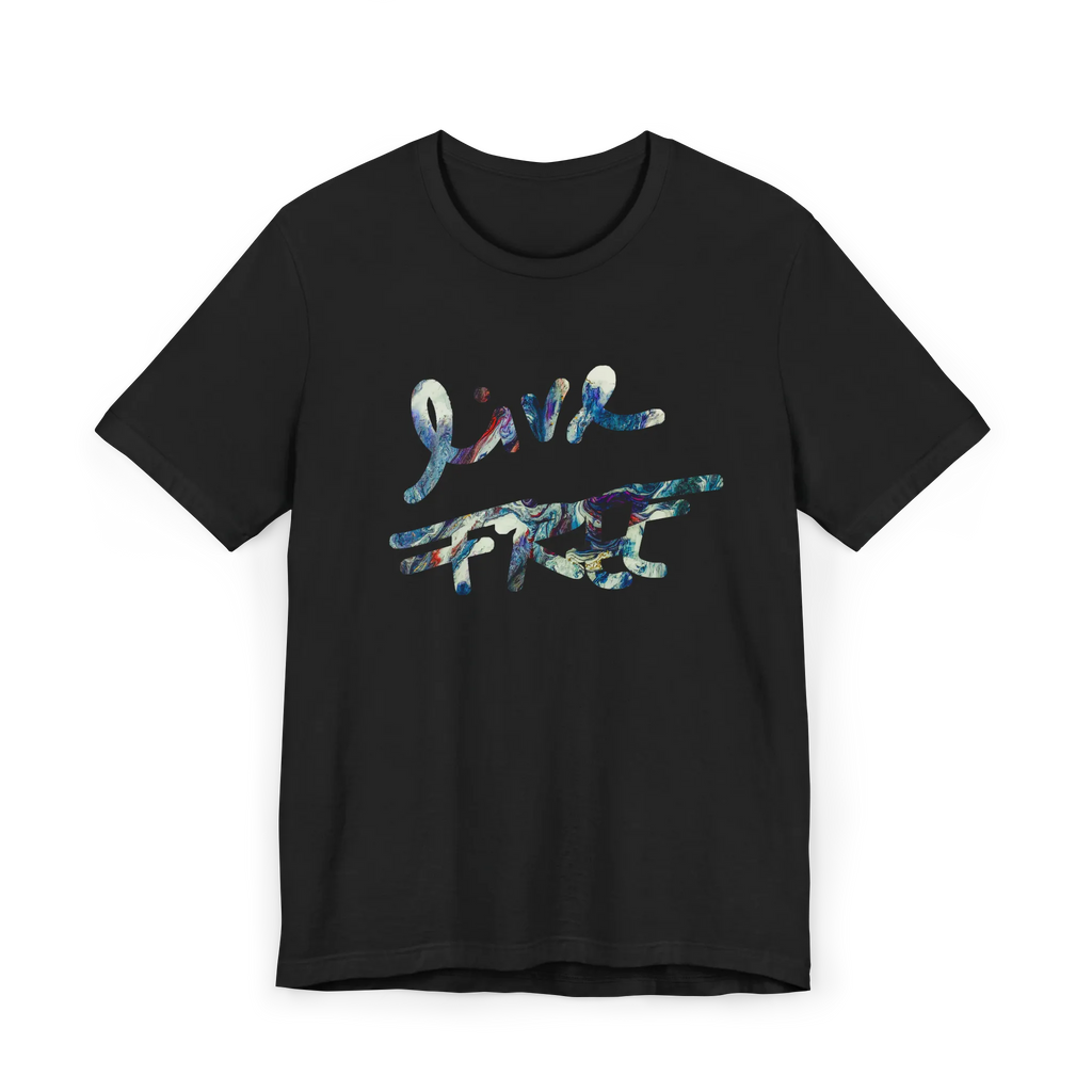 Live Free Afrostar Script Essential Tee, black, front view, fluid pour graphic.