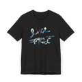Live Free Afrostar Script Essential Tee, black, front view, fluid pour graphic.