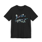 Live Free Afrostar Script Essential Tee, black, front view, fluid pour graphic.