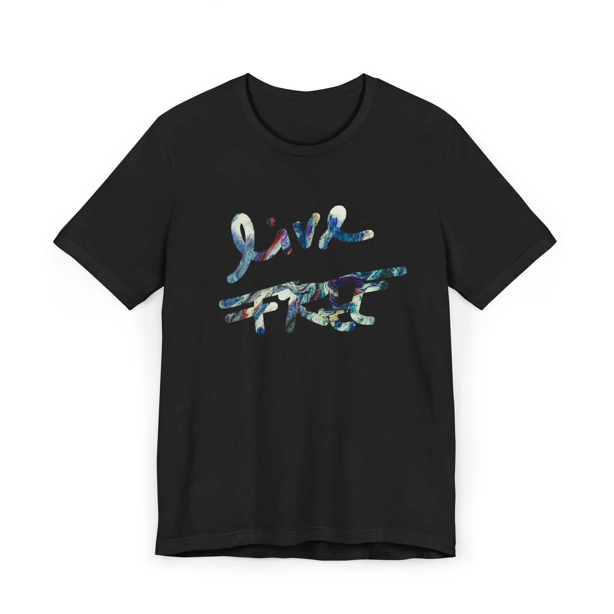 Live Free Afrostar Script Essential Tee, black, front view, fluid pour graphic.