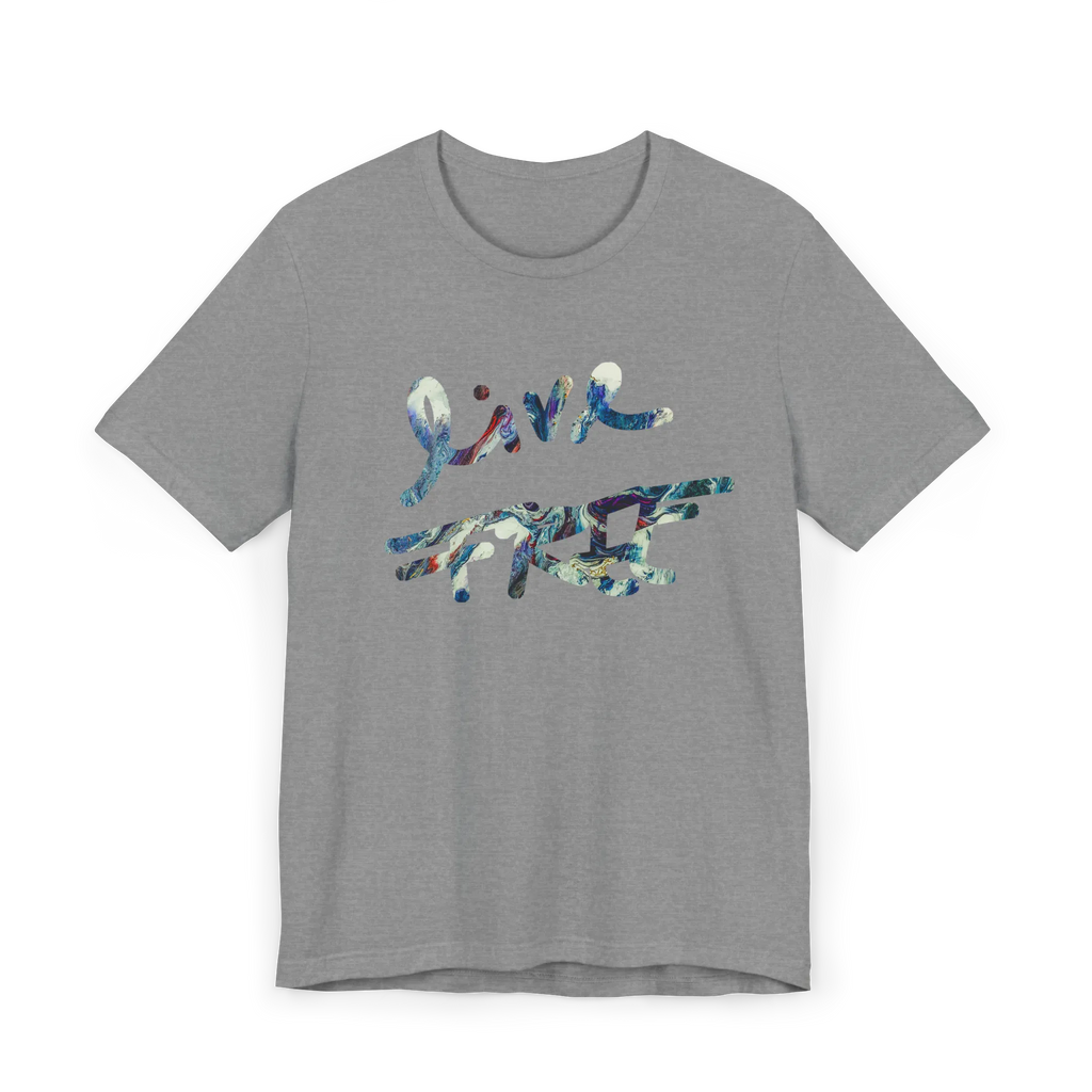 Live Free Afrostar Script Essential Tee, light heather grey, front view, fluid pour graphic.