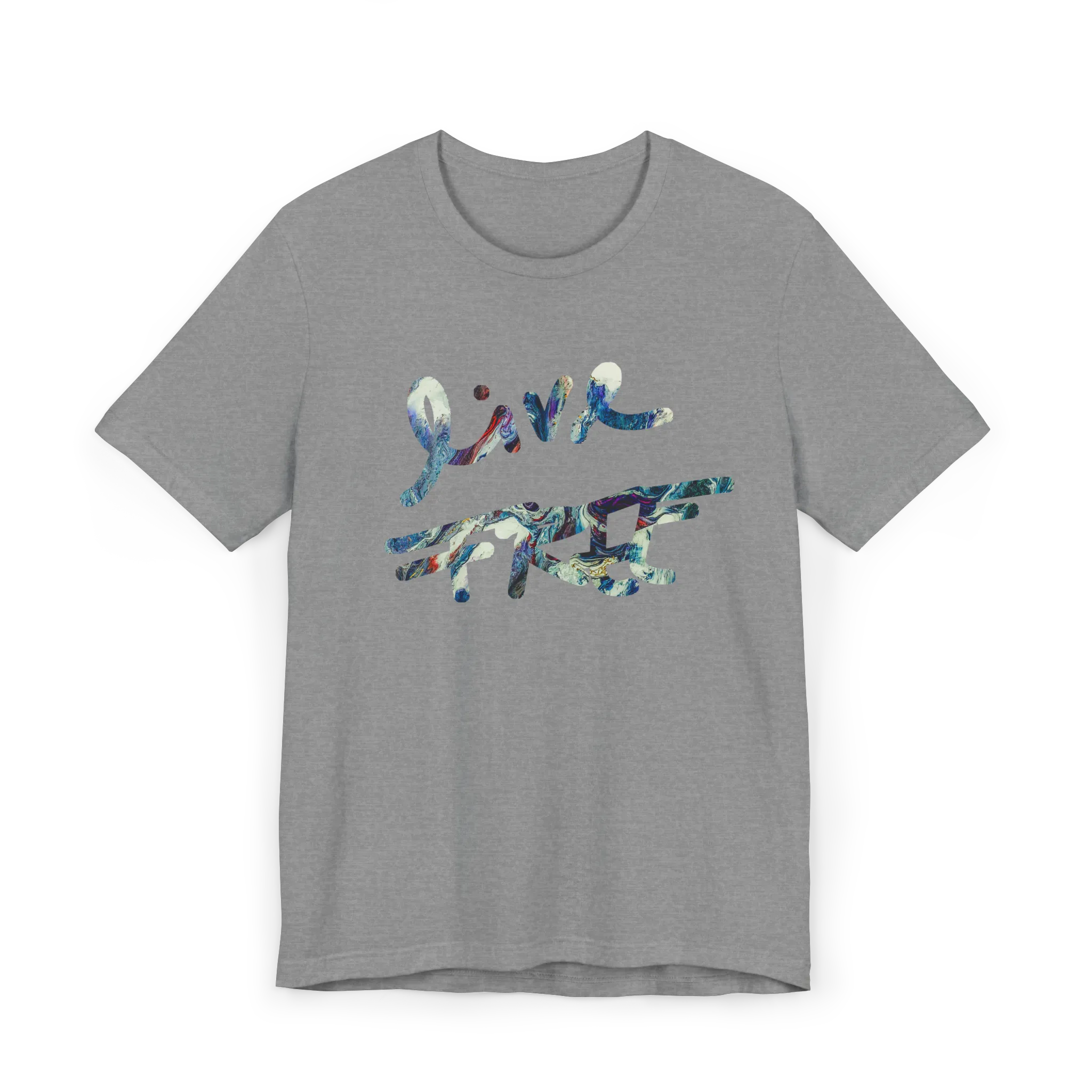 Live Free Afrostar Script Essential Tee, light heather grey, front view, fluid pour graphic.