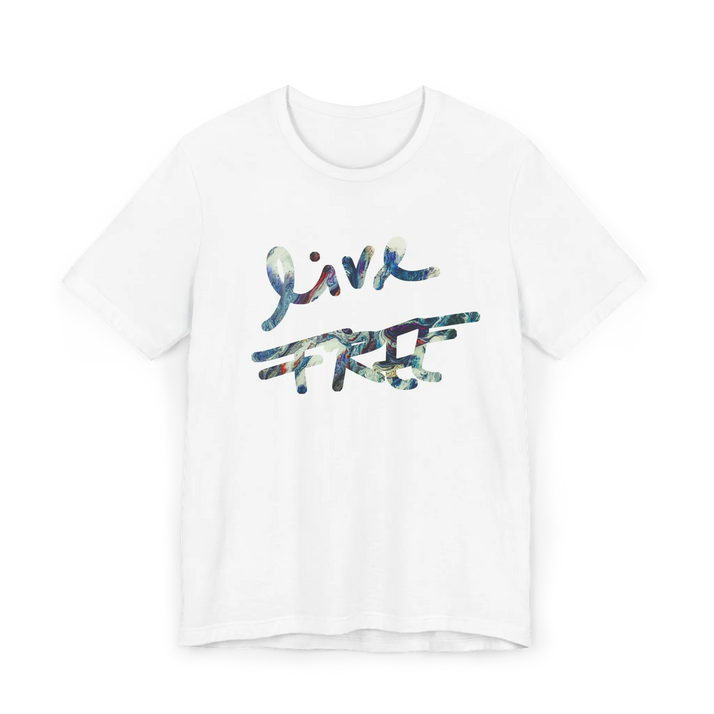 Live Free Afrostar Script Essential Tee, white, front view, fluid pour graphic.