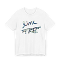 Live Free Afrostar Script Essential Tee, white, front view, fluid pour graphic.