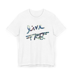 Live Free Afrostar Script Essential Tee, white, front view, fluid pour graphic.