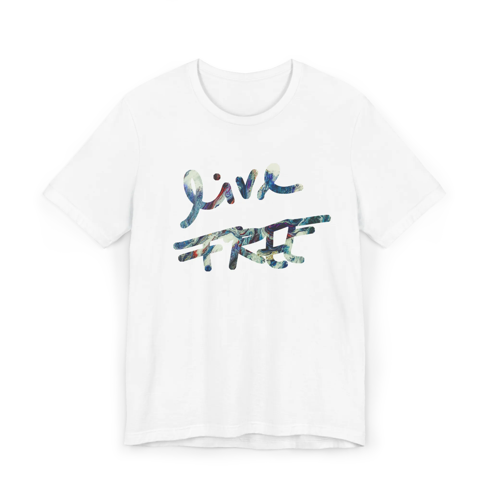 Live Free Afrostar Script Essential Tee, white, front view, fluid pour graphic.