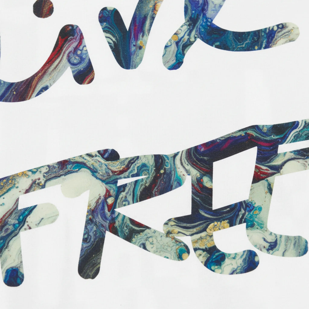 Live Free Afrostar Script Essential Tee, white, graphic detail, fluid pour art.