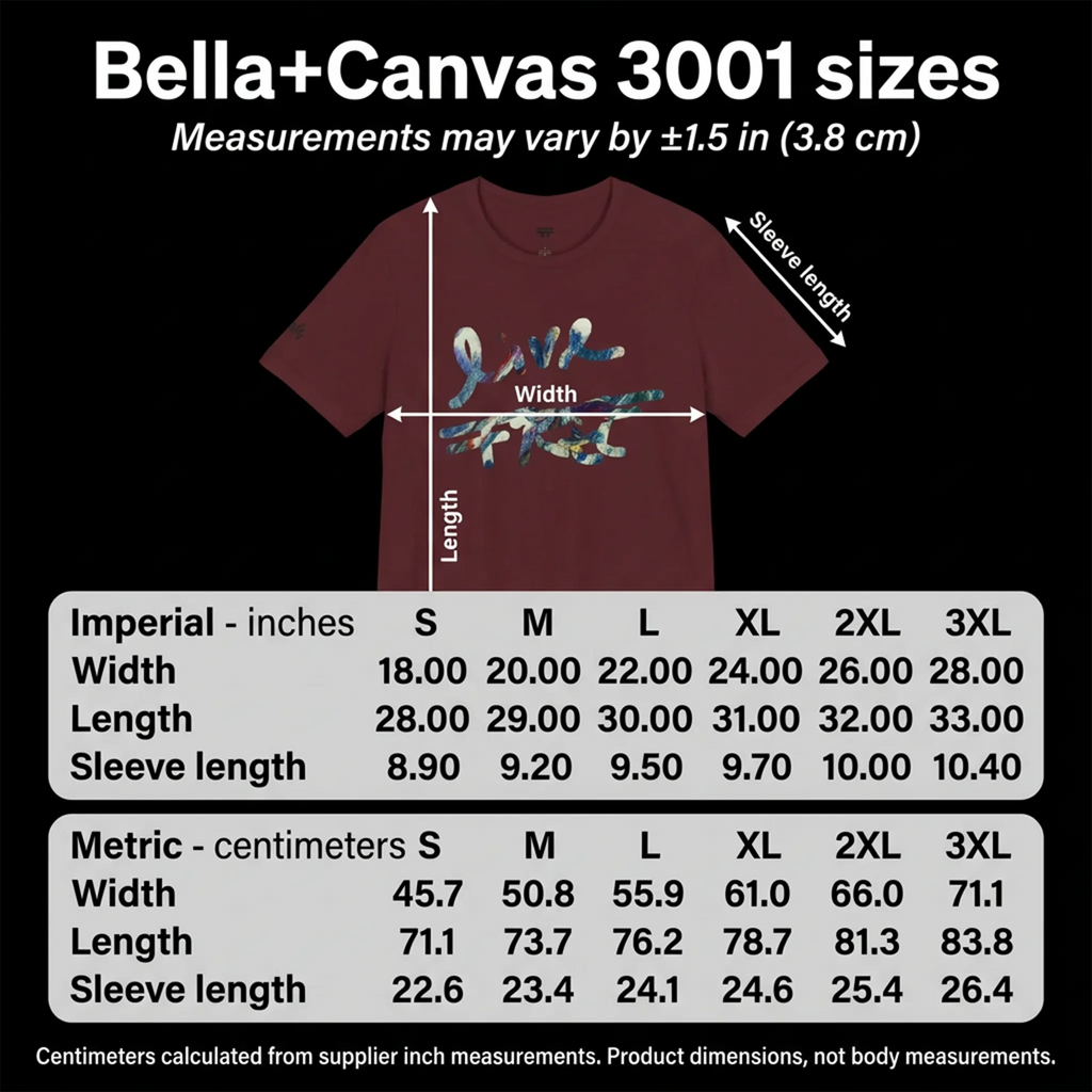 Live Free Afrostar Script Premium tee size chart showing width, length and sleeve length in inches and centimeters, sizes S–3XL.