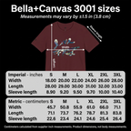 Live Free Afrostar Script Premium tee size chart showing width, length and sleeve length in inches and centimeters, sizes S–3XL.