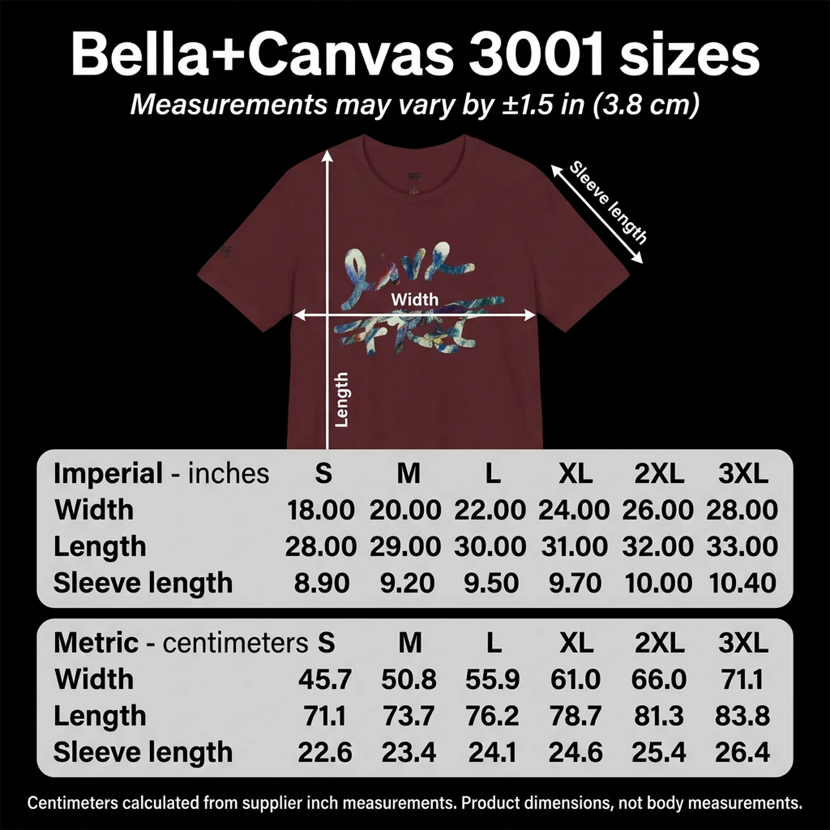Live Free Afrostar Script Premium tee size chart showing width, length and sleeve length in inches and centimeters, sizes S–3XL.