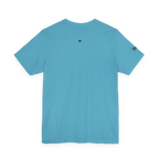 Live Free Afrostar Script Premium Tee, heather aqua, back view, FREEBRD logo.