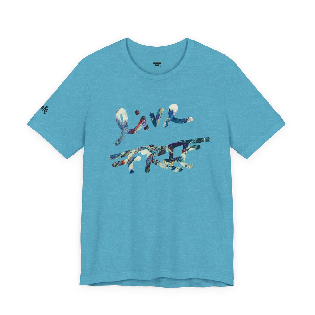 Live Free Afrostar Script Premium Tee, heather aqua, front view, fluid pour graphic.