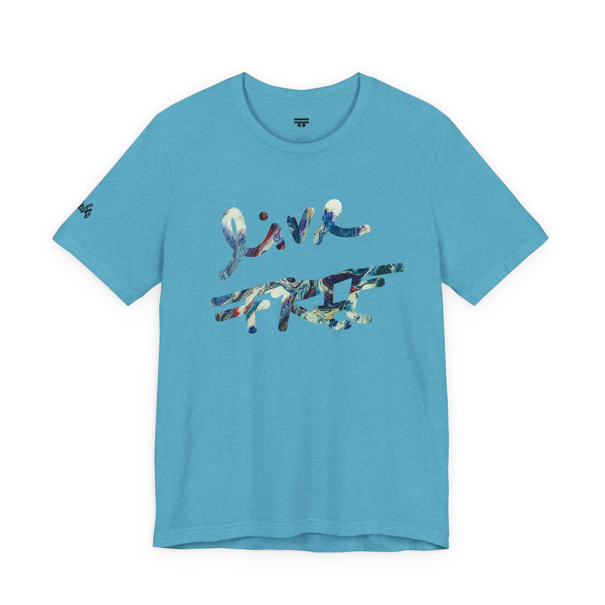 Live Free Afrostar Script Premium Tee, heather aqua, front view, fluid pour graphic.