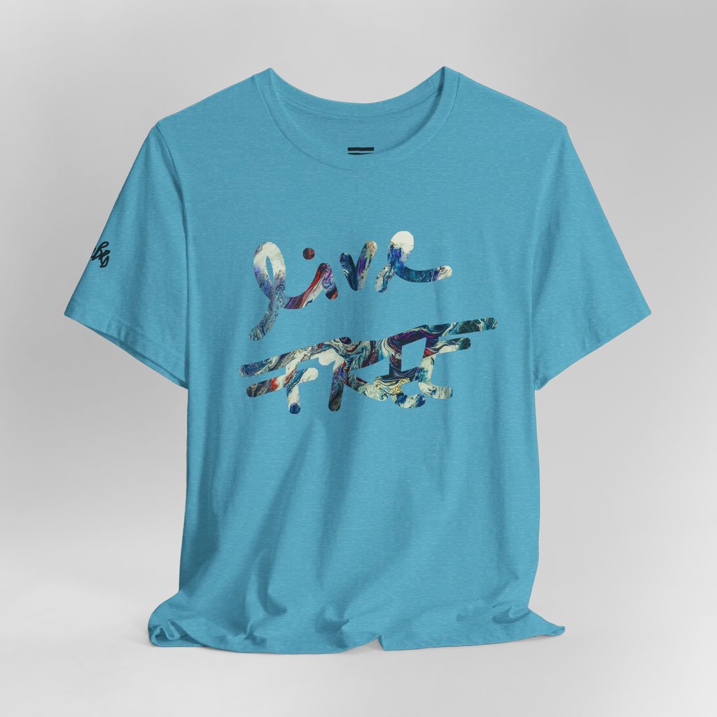 Live Free Afrostar Script Premium Tee, heather aqua, ghost mannequin front view.