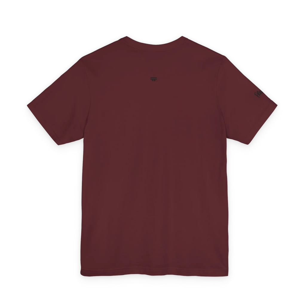 Live Free Afrostar Script Premium Tee, maroon, back view, FREEBRD logo.