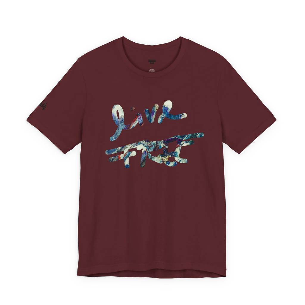 Live Free Afrostar Script Premium Tee, maroon, front view, fluid pour graphic.