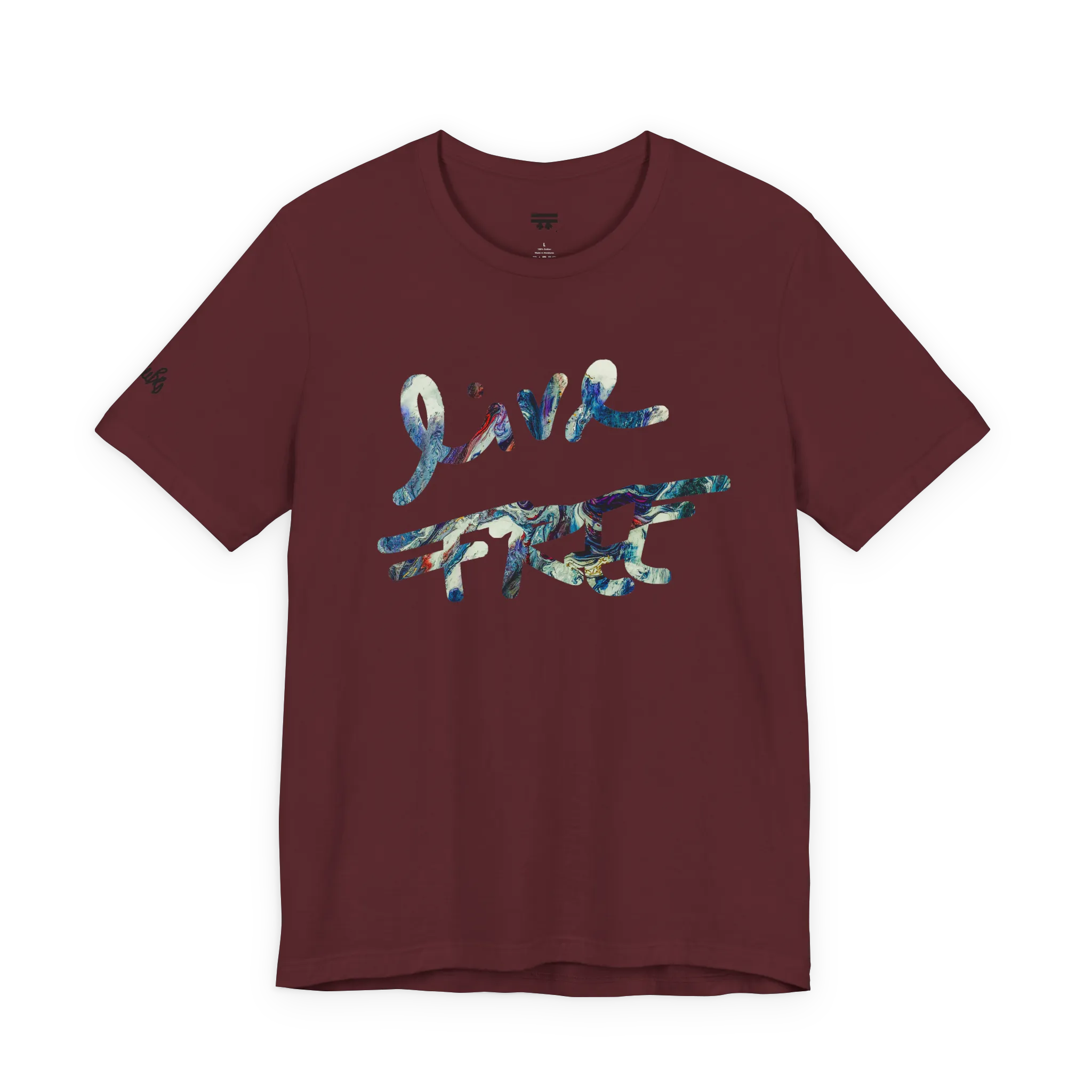 Live Free Afrostar Script Premium Tee, maroon, front view, fluid pour graphic.
