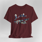 Live Free Afrostar Script Premium Tee, maroon, ghost mannequin front view.