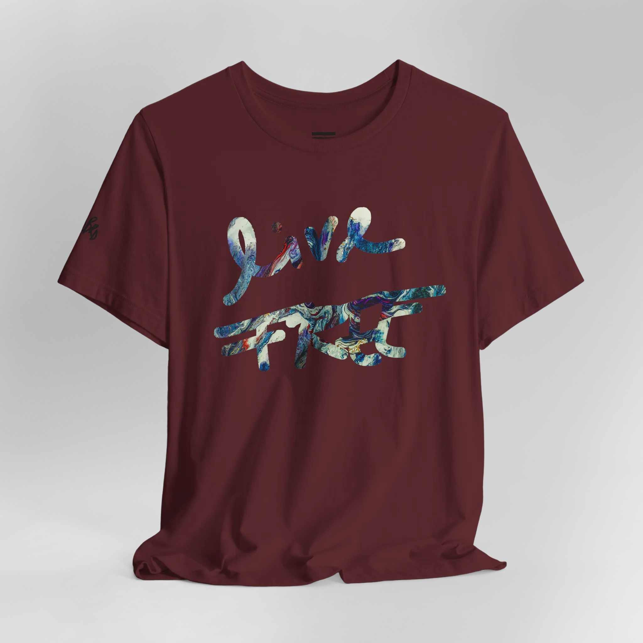 Live Free Afrostar Script Premium Tee, maroon, ghost mannequin front view.