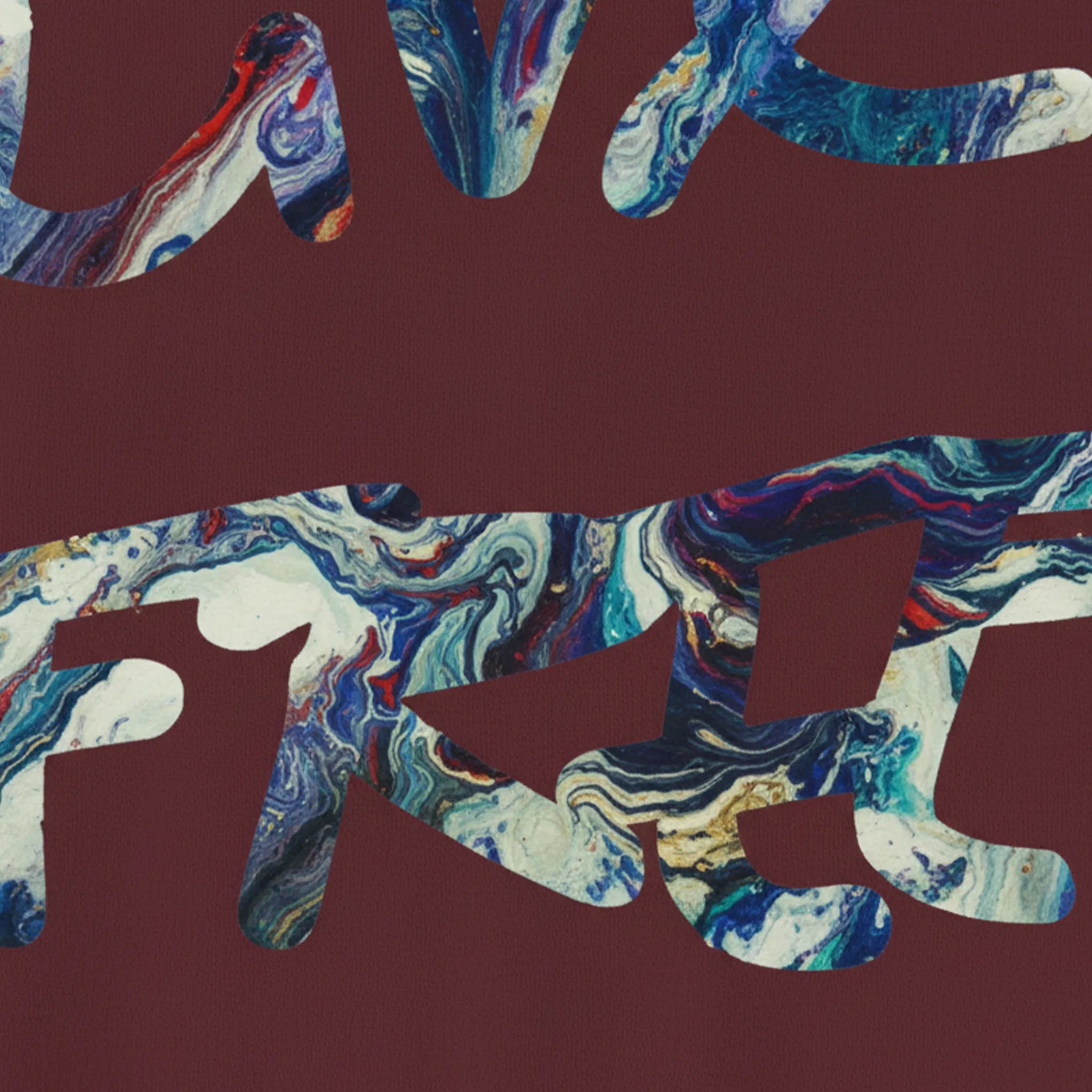 Live Free Afrostar Script Premium Tee, maroon, graphic detail, fluid pour art.