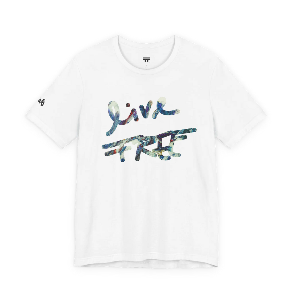 Live Free Afrostar Script Premium Tee, white, front view, fluid pour graphic.