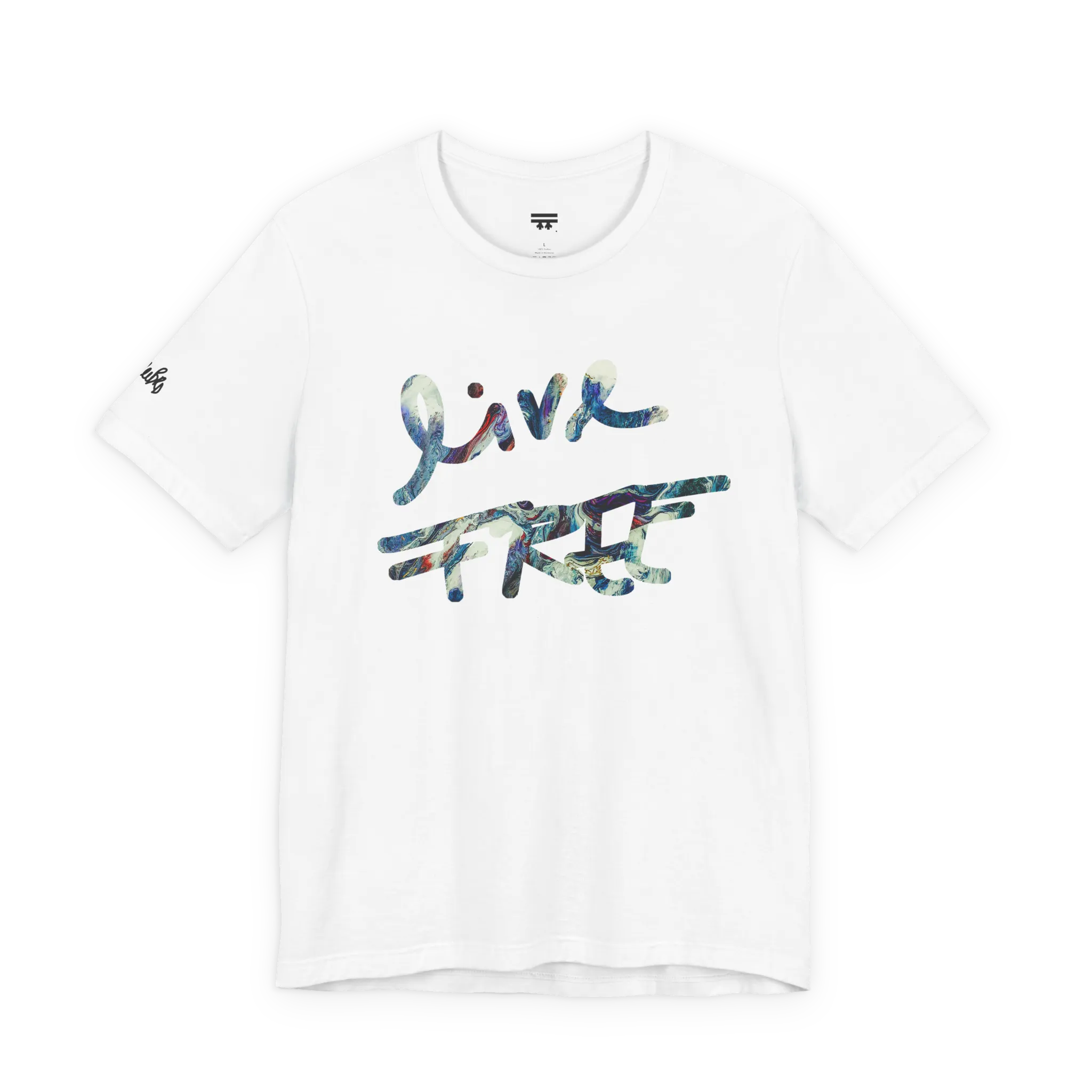 Live Free Afrostar Script Premium Tee, white, front view, fluid pour graphic.