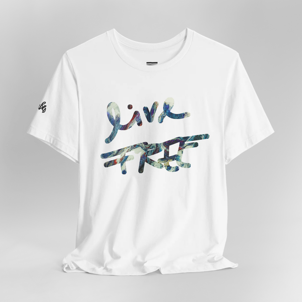 Live Free Afrostar Script Premium Tee, white, ghost mannequin front view.bc
