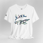 Live Free Afrostar Script Premium Tee, white, ghost mannequin front view.bc