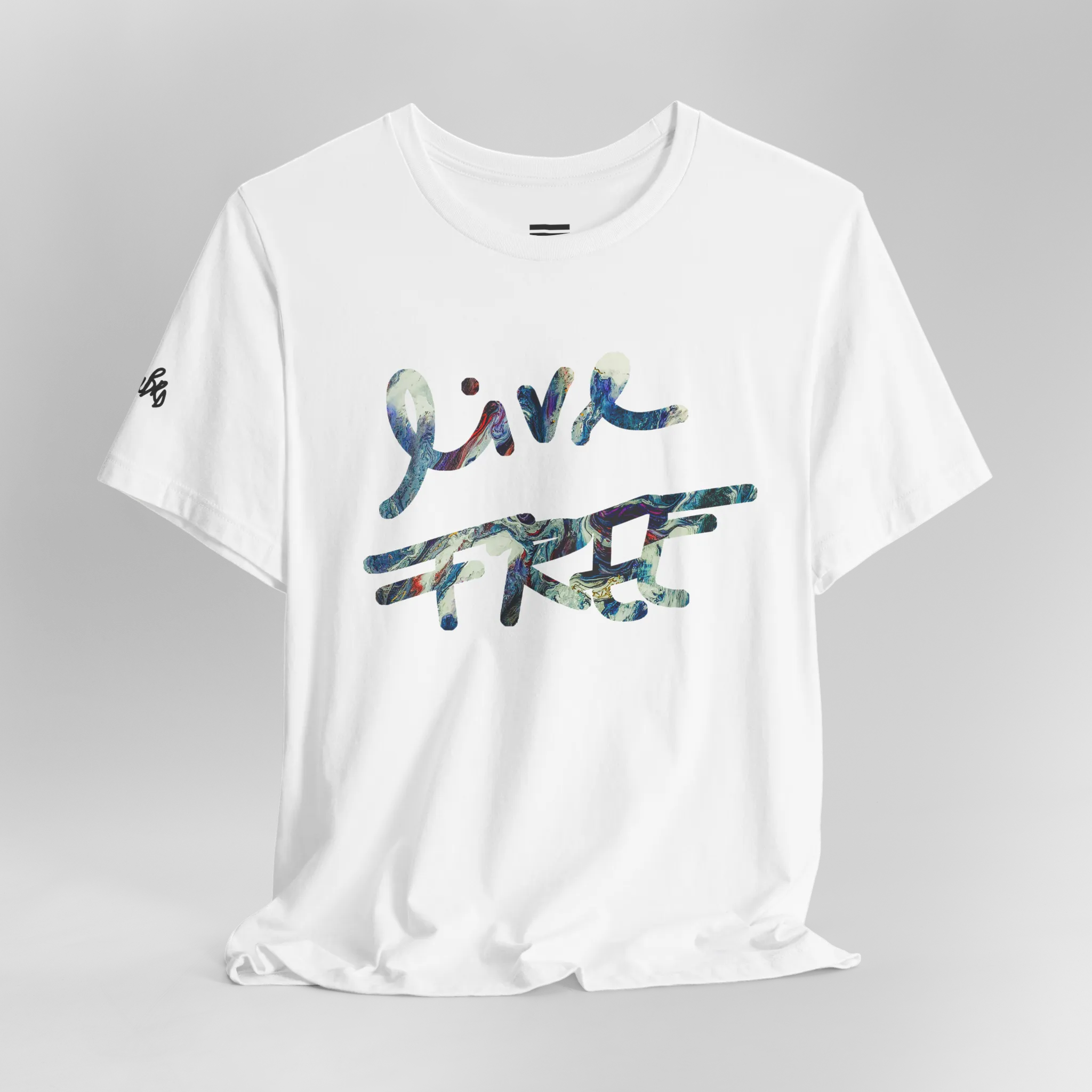 Live Free Afrostar Script Premium Tee, white, ghost mannequin front view.bc