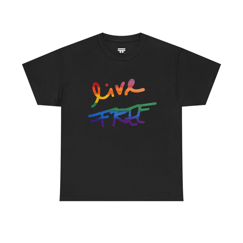 Live Free rainbow script essential t-shirt, black, rainbow Live Free graphic, front view, FREEBRD Pride Gear.