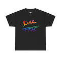 Live Free rainbow script essential t-shirt, black, rainbow Live Free graphic, front view, FREEBRD Pride Gear.