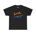 Live Free rainbow script essential t-shirt, black, rainbow Live Free graphic, front view, FREEBRD Pride Gear.