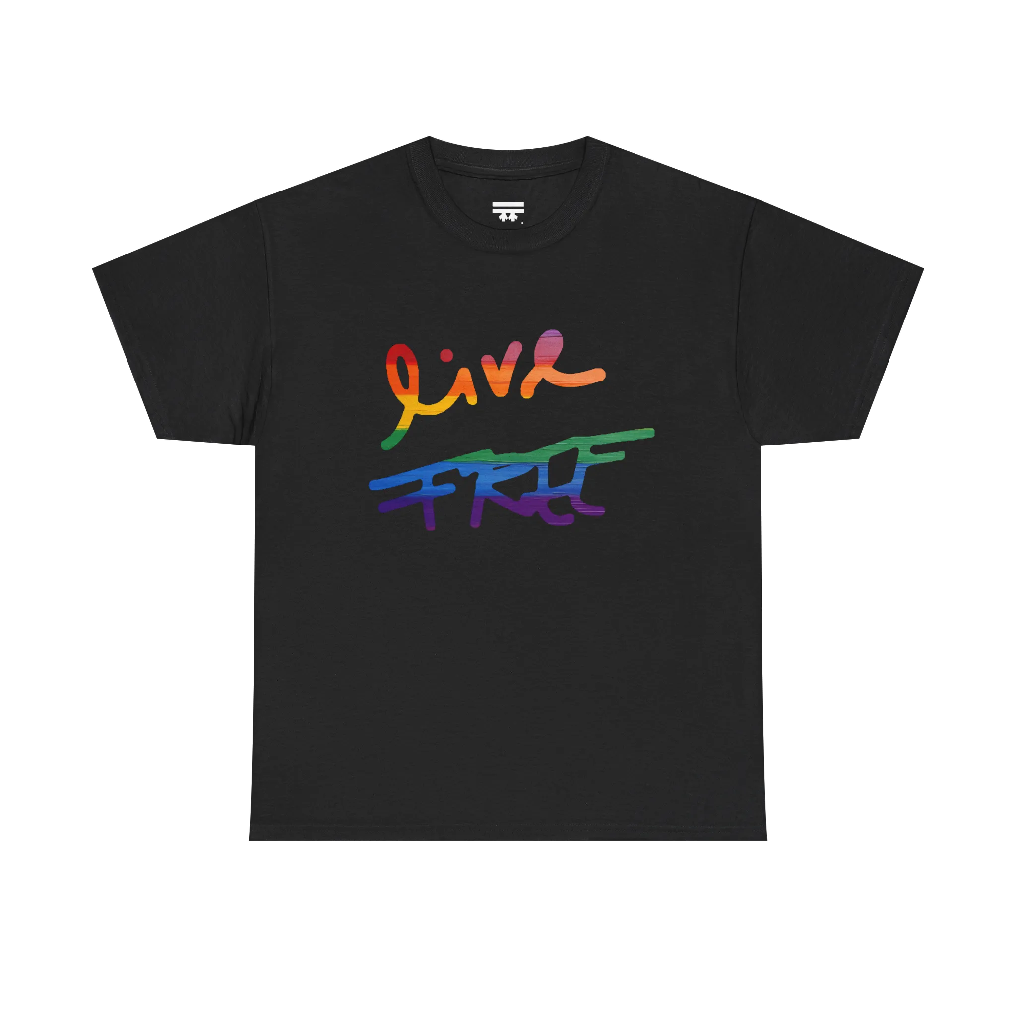 Live Free rainbow script essential t-shirt, black, rainbow Live Free graphic, front view, FREEBRD Pride Gear.
