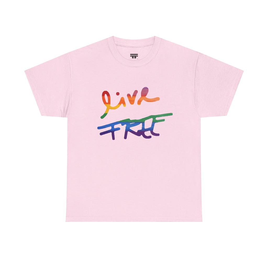 Live Free rainbow script essential t-shirt, light pink, rainbow Live Free graphic, front view, FREEBRD Pride Gear