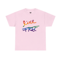 Live Free rainbow script essential t-shirt, light pink, rainbow Live Free graphic, front view, FREEBRD Pride Gear