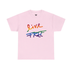 Live Free rainbow script essential t-shirt, light pink, rainbow Live Free graphic, front view, FREEBRD Pride Gear
