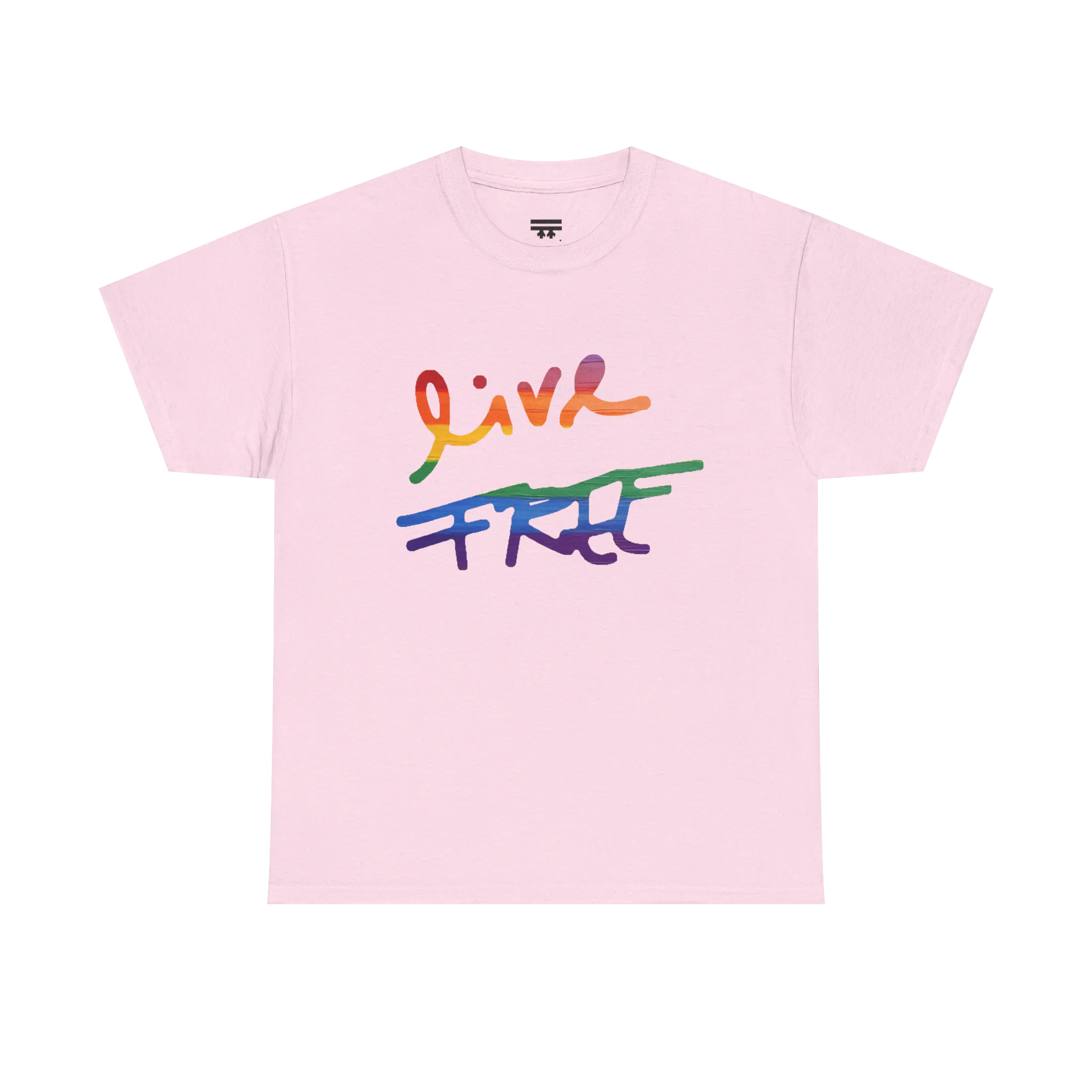 Live Free rainbow script essential t-shirt, light pink, rainbow Live Free graphic, front view, FREEBRD Pride Gear