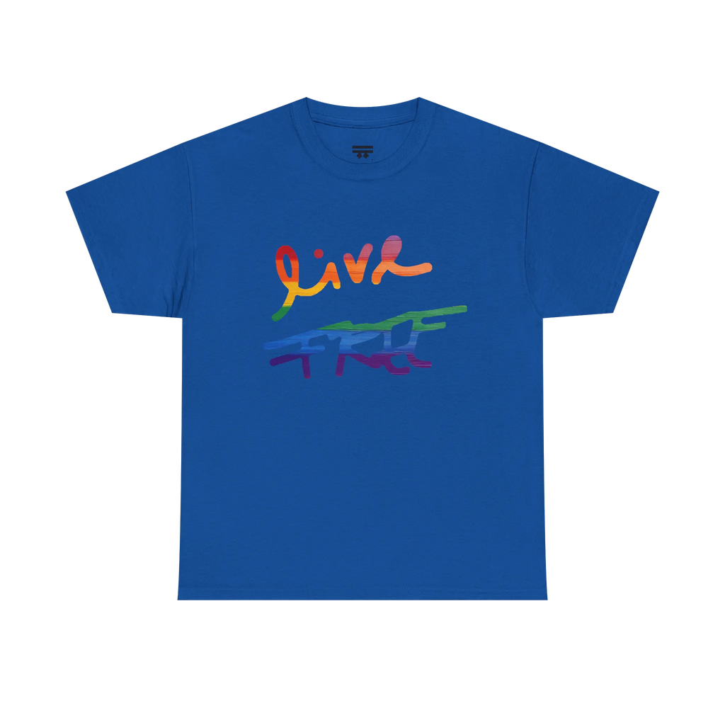 Live Free rainbow script essential t-shirt, royal blue, rainbow Live Free graphic, front view, FREEBRD Pride Gear.