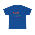 Live Free rainbow script essential t-shirt, royal blue, rainbow Live Free graphic, front view, FREEBRD Pride Gear.