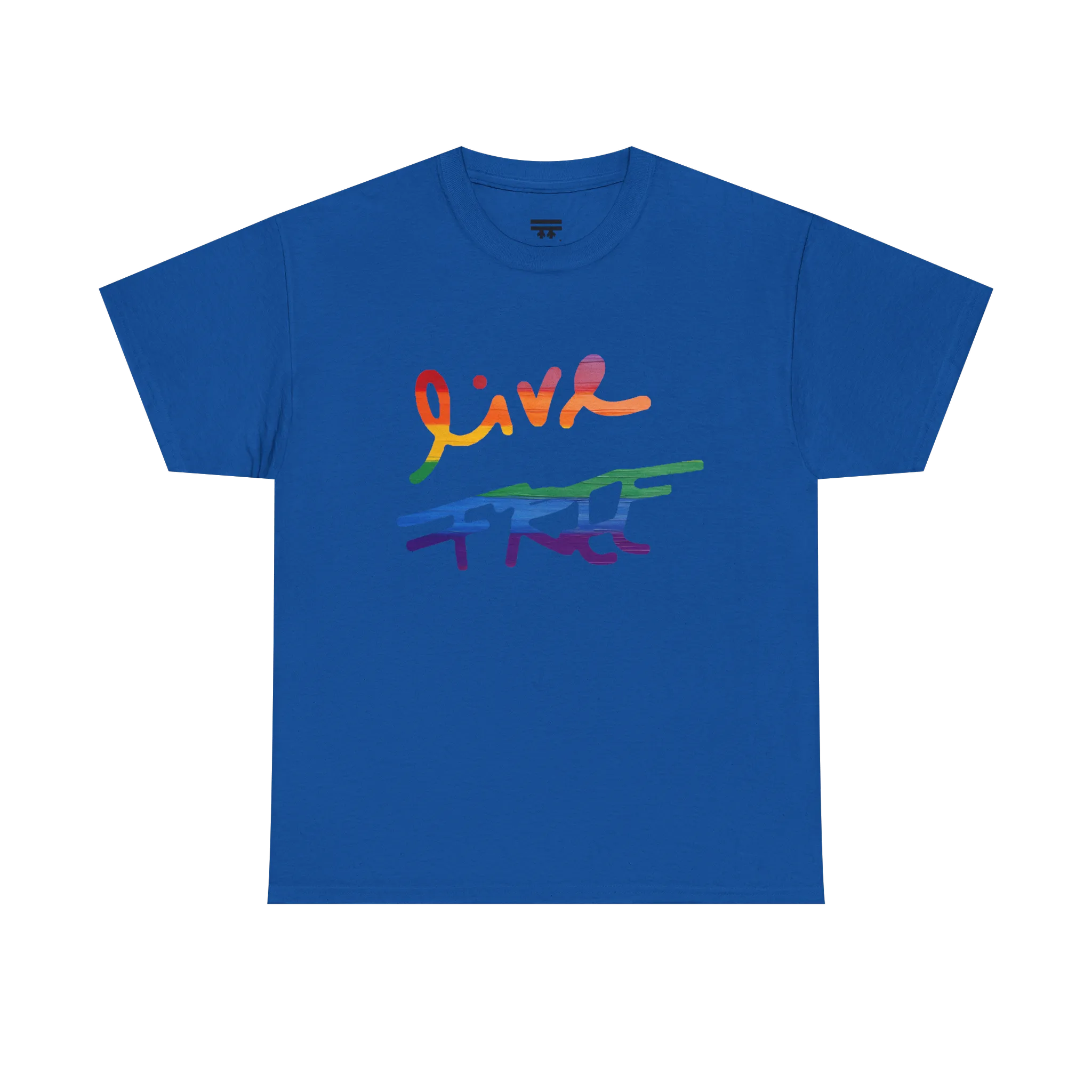 Live Free rainbow script essential t-shirt, royal blue, rainbow Live Free graphic, front view, FREEBRD Pride Gear.