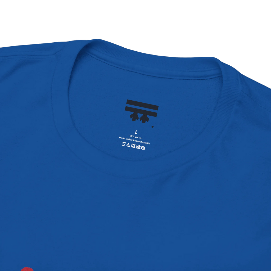 Live Free rainbow script essential t-shirt, royal blue, inner neck tag detail, pure cotton, FREEBRD Pride Gear.