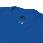 Live Free rainbow script essential t-shirt, royal blue, inner neck tag detail, pure cotton, FREEBRD Pride Gear.