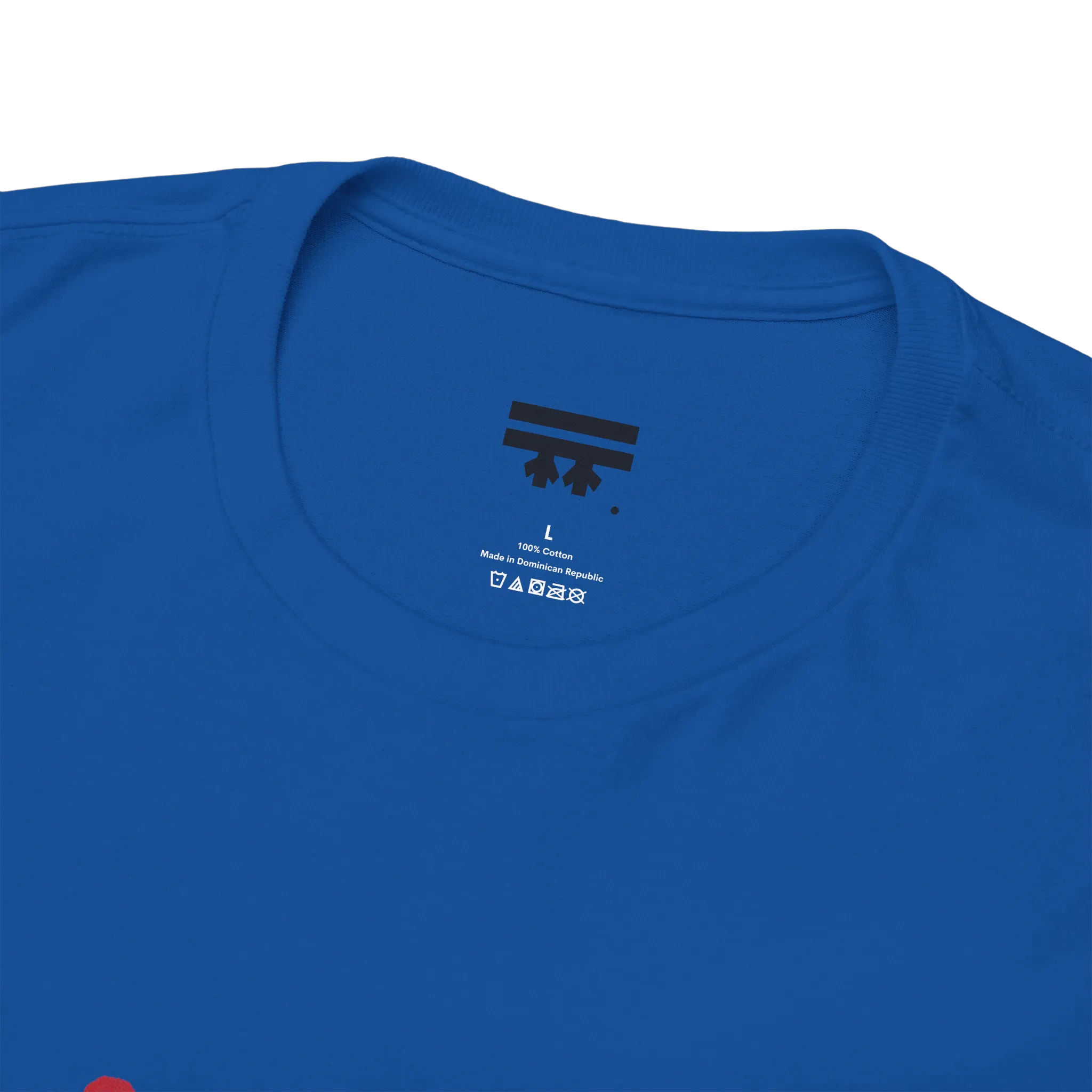Live Free rainbow script essential t-shirt, royal blue, inner neck tag detail, pure cotton, FREEBRD Pride Gear.