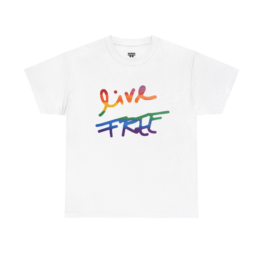 Live Free rainbow script essential t-shirt, white, rainbow Live Free graphic, front view, FREEBRD Pride Gear.
