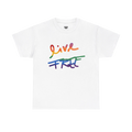 Live Free rainbow script essential t-shirt, white, rainbow Live Free graphic, front view, FREEBRD Pride Gear.