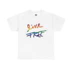 Live Free rainbow script essential t-shirt, white, rainbow Live Free graphic, front view, FREEBRD Pride Gear.