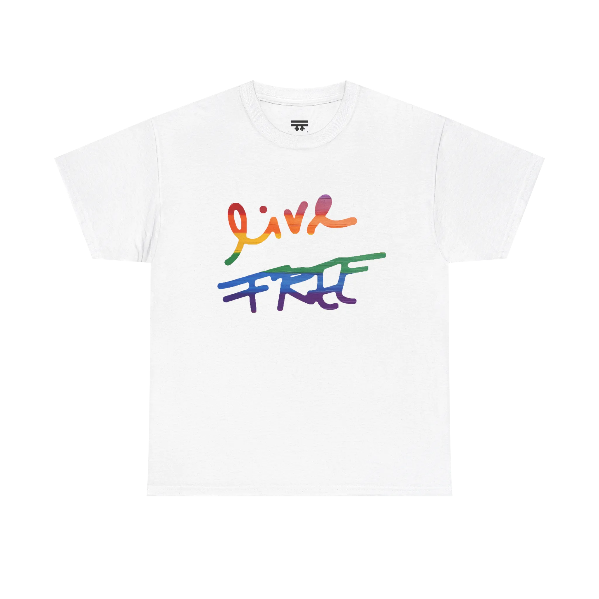 Live Free rainbow script essential t-shirt, white, rainbow Live Free graphic, front view, FREEBRD Pride Gear.
