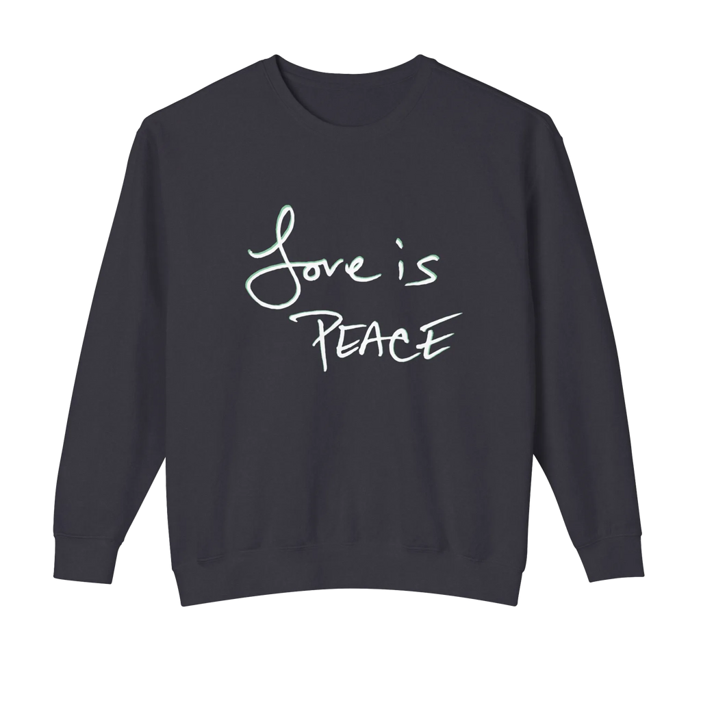 Black crewneck pullover with light-colored Love is Peace lettering across the chest, front view.