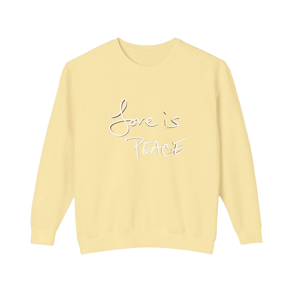 Pale yellow crewneck pullover with white Love is Peace lettering and a dark offset shadow, front view.